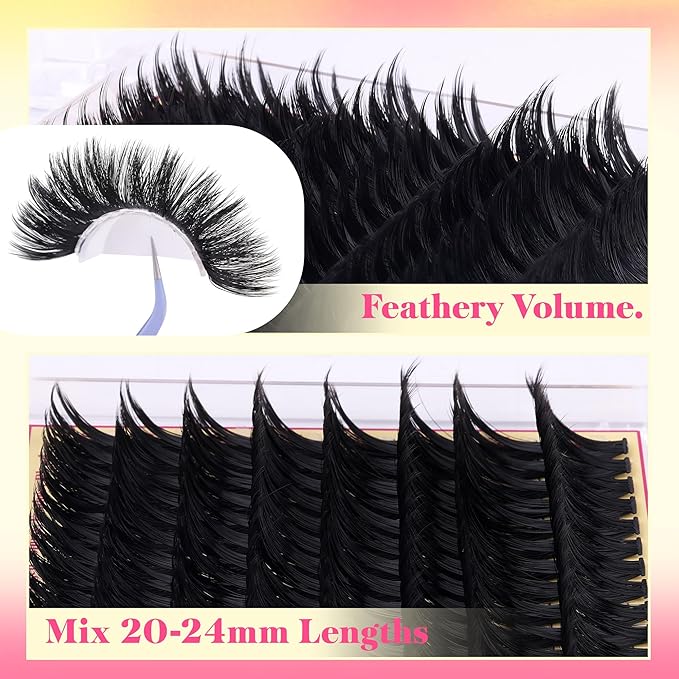 Volume Lash Clusters with Spiky Long Lash Clusters 300D Eyelash Clusters 20-24MM Thick Wispy D Curl Cluster Eyelash Extensions 3D Fluffy Cluster Eyelash Extensions by FANXITON
