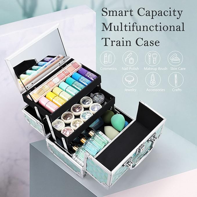 FRENESSA Makeup Case Portable Makeup Box Organizer Travel Cosmetic Case Storage with Mirror Locking Make Up Cases Organizers and Storage for Girls Nail Supplies Cosmetology Case Vanity Case Blue