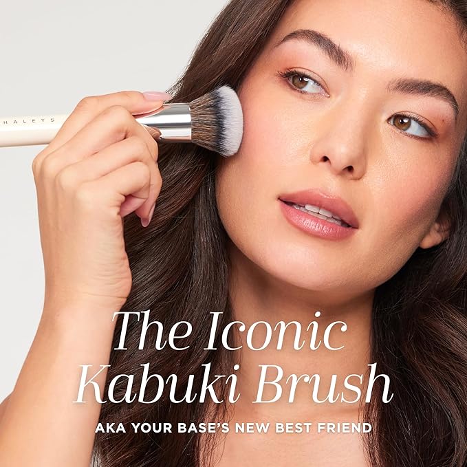 HALEYS Kabuki Makeup Brush + GWP Skin Tint Mini, VEGAN+CRUELTY-FREE, Sustainable Wood, Vegan Bristles for Airbrushed Finish, For Creams, Liquids, Powder, Streak-free, Perfect Blending, Buffs, Blurs