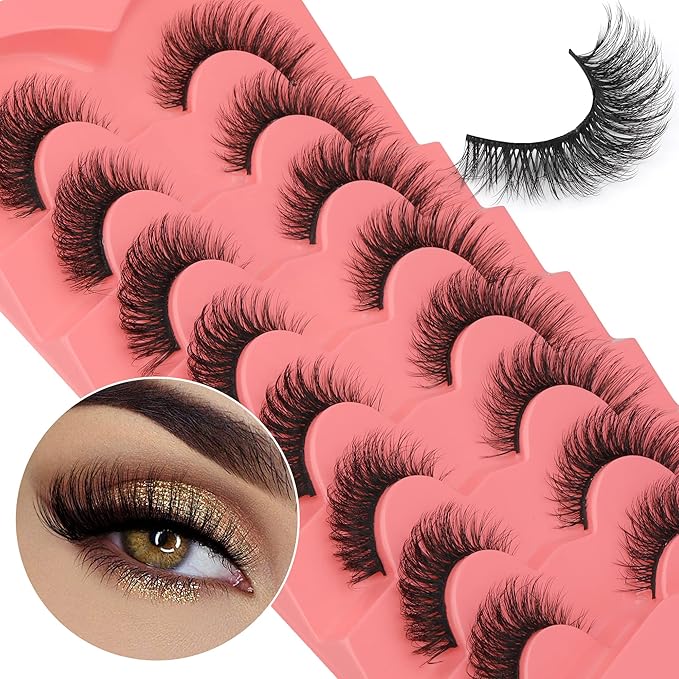 False Eyelashes Natural Mink Lashes 15mm Wispy Curly Eyelashes 5D Fluttery Volume Cat Eye Fake Lashes Pack 8 Pairs by Yawamica