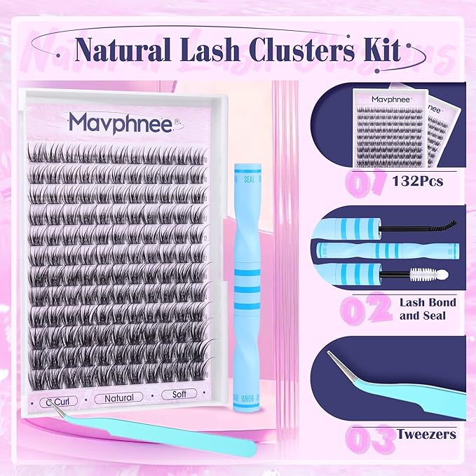 Wispy Eyelash Clusters Kit Wet Look Lash Clusters Kit Natural Cluster Eyelash Extensions 132Pcs C-Curly Cluster Lashes 10-16MM DIY Lash Extensions Lash Bond and Seal Kit