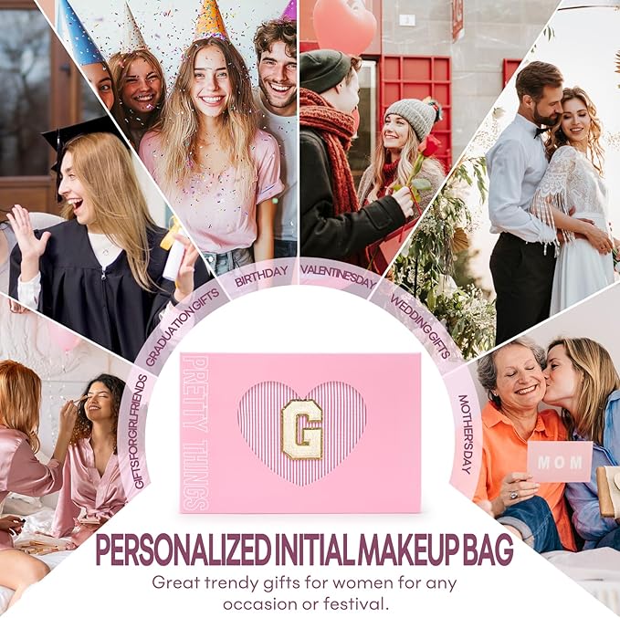 2 PCS Initial Makeup Bags for Women: Cosmetic Bag for Travel Toiletry - Birthday Gifts for 11 12 13 14 15 16 17 18 Years Old Girl Graduation Teacher Gift- Teen Girl Gifts Trendy Stuff - Pink G