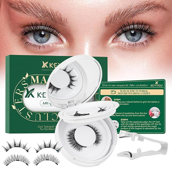 KEYYOU Daily Wear Reusable Magnetic Eyelashes 2 Pair with Applicator No Glue Needed 3D Natural Magnetic Lashes, Easy to Apply & Long Lasting for Daily Use & Events,(A01+A02)