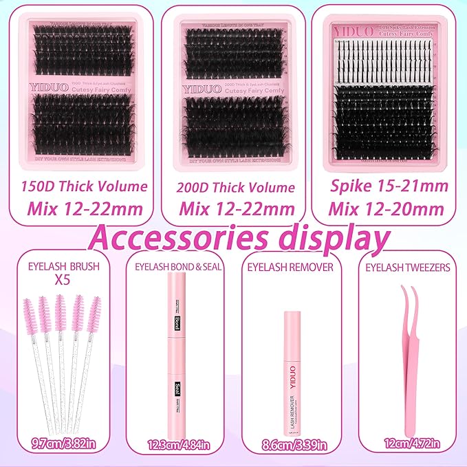 575Pcs Bulk Pack Lashes Clusters Kit with Glue and Removers, D Curl Volume 150D+200D+Spiky Lashes Clusters, 12-21mm Manga Extension Eyelashes DIY Individual False Eyelash Wholesale Pack