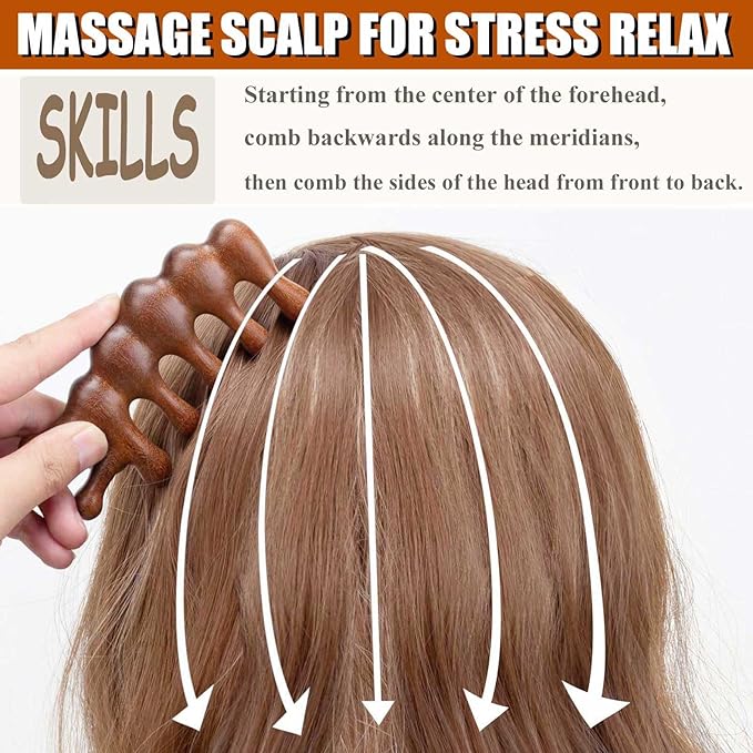 Wooden Scalp Massager for Scalp Gua sha, Massage Comb, Wooden Head Massager - Sandalwood