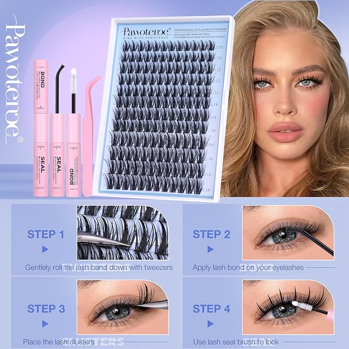 Pawotence Fairy Lash Clusters Kit Eyelash Clusters 10-18mm Wispy Lashes Clusters Eyelash Extension Kit 144pcs Natural Individual Lashes with Lash Bond and Seal, Tweezers, DIY Lash Extension Kit