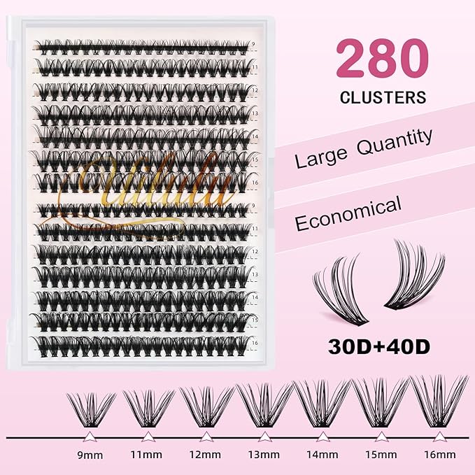 Lash Clusters for DIY Lash Extension at Home, 30&40D Wispy Individual Clusters Lashes False Eyelashes 280 Count 0.07D 9-16MM Mix D Curl Eye Lash Extensions (30&40D Lash 9-16MM)