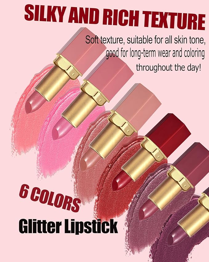 Glitter Lipstick Sets for Women Long Lasting,Light to Dark Shimmer Lipstick 24 Hour Waterproof Matte Lip Gloss Nude Pink Rose Red Brown Plum Color High Pigmented Sparkling Shiny Lip Stain Makeup Gift