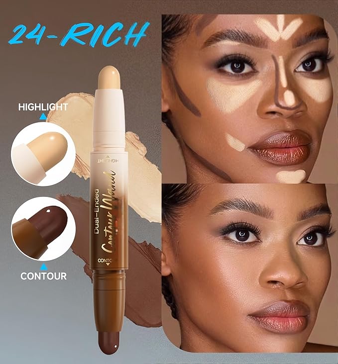 MAEPEOR Contour Highlighter Stick 2 in 1 Smooth Natural Glow Cream Bronzer and Highlighter Stick Long Lasting Non-greasy and Non-drying Brightening Pen (04 Rich)