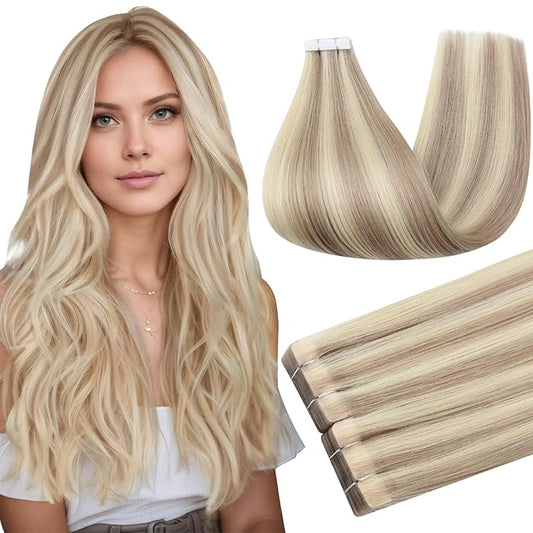 Full Shine Remy Injected Tape Hair Extensions Real Human Hair Color 18/613 Natural Blonde Shades Injection Tape in Extensions 18Inch Long Invisible Adhesive Extension 50Gram 20Pcs Reusable