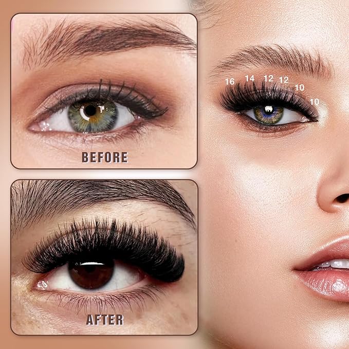 Lash Clusters Kit, DIY Cluster Eyelash Extensions 14‑20mm, 200D, 120pcs Fluffy D Curl Natural Lashes with Bond & Seal,Tweezers–Fake Cat Eye Individual Clusters