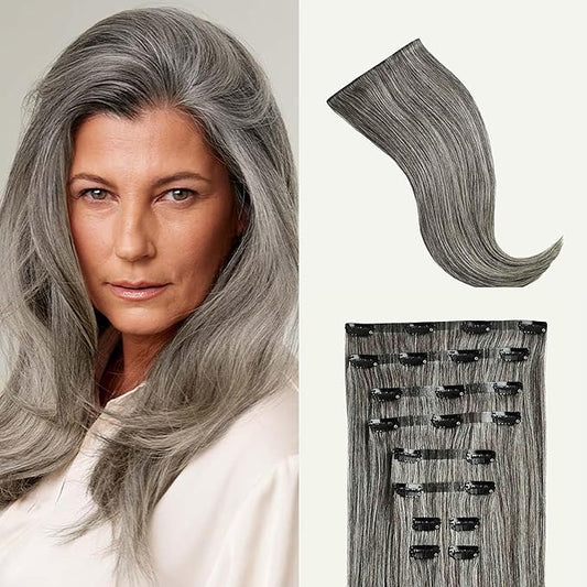 Luxy 100% Remy Human Hair - Seamless Clip-In Hair Extensions - Multi-Dimensional Color for Natural Blending, Adds Volume & Length 50 grams 12" Light Gray Seamless