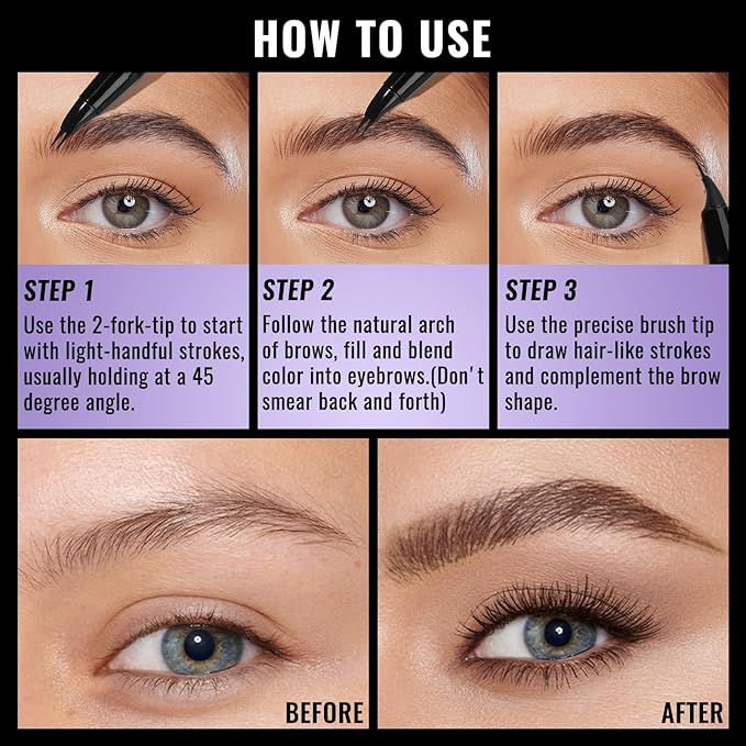 UCANBE Eyebrow Pen, Dual-Curved Eyebrow Pencils for Women, 2-in-1 Brow Pencil with 2-Fork-Tip & Precise Brush-Tip for Natural Hair-Like Brows, Waterproof Microblading Brow Pen Last 24Hrs(Dark Brown)