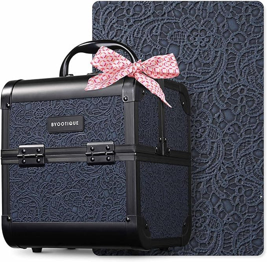 BYOOTIQUE Travel Makeup Case with Mirror 2-Tier Trays Cosmetic Organizer Jewelry Box for Beautician Nail Tech Barbershop Hairstylist,Rococo Midnight
