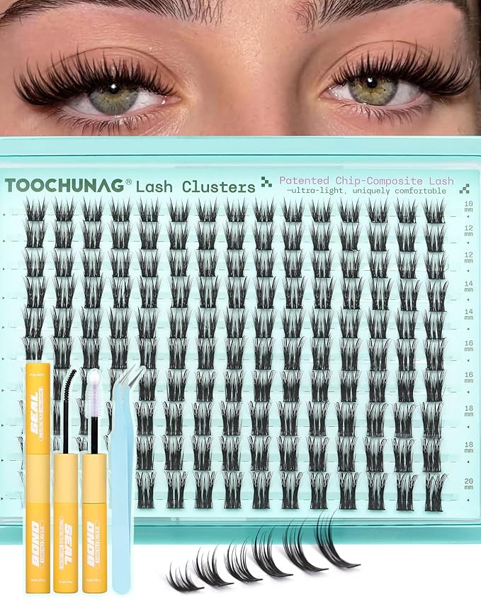 Wispy Lash Clusters Kit Natural Eyelash Clusters Kit 10-20mm Volume Individual Lashes Extension Kit 150pcs D Curly Soft Lightweight Cluster Eyelash Extensions with Lash Bond and Seal by TOOCHUNAG