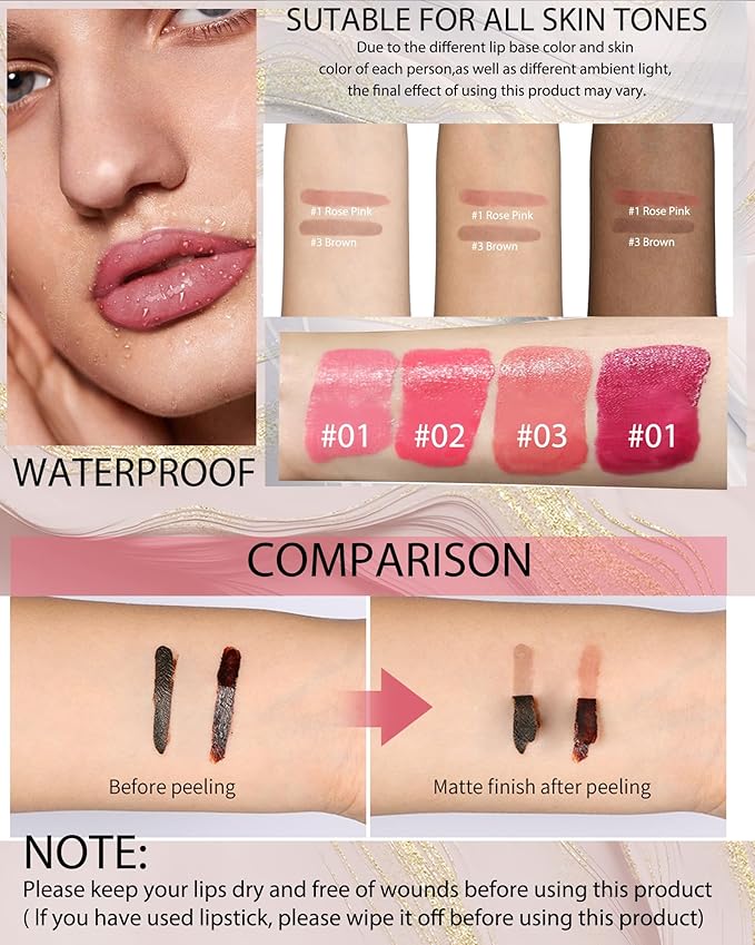 Peel Off Tattoo Lip Liner Stain Lip Gloss Combo Sets, 2 Colors Rose Pink Brown Matte Lip Liner and Nourishing Lip Gloss Tint Stain Kit, Long Lasting Waterproof Non Sticky Liquid Lipstick Makeup-Set 04