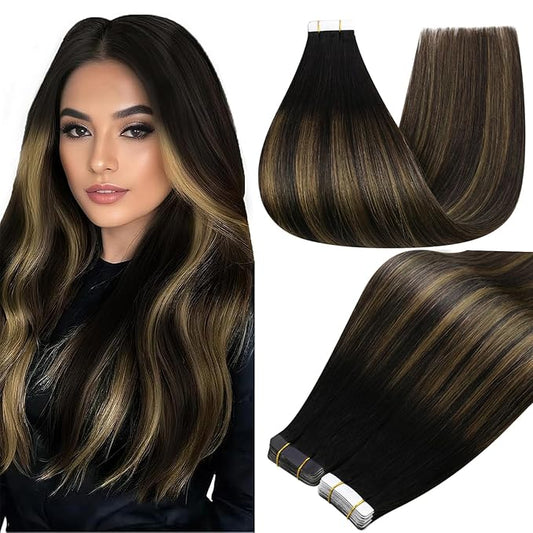 Full Shine Black Tape in Extensions Human Hair Balayage Tape in Hair Extensions Color 1B Black Ombre 6 Brown And 1B Seamless Skin Weft 18Inch Natural Extension 100G for Wedding 40Pcs