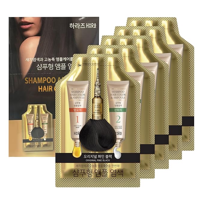 Instant Permanent Hair Color Dye Shampoo Ampoule - Paraben-Free, 5-Minute Easy and Fast Coloring, Gray Cover Hair Dye with Keratin & Collagen, Made in Korea (Fine Black)