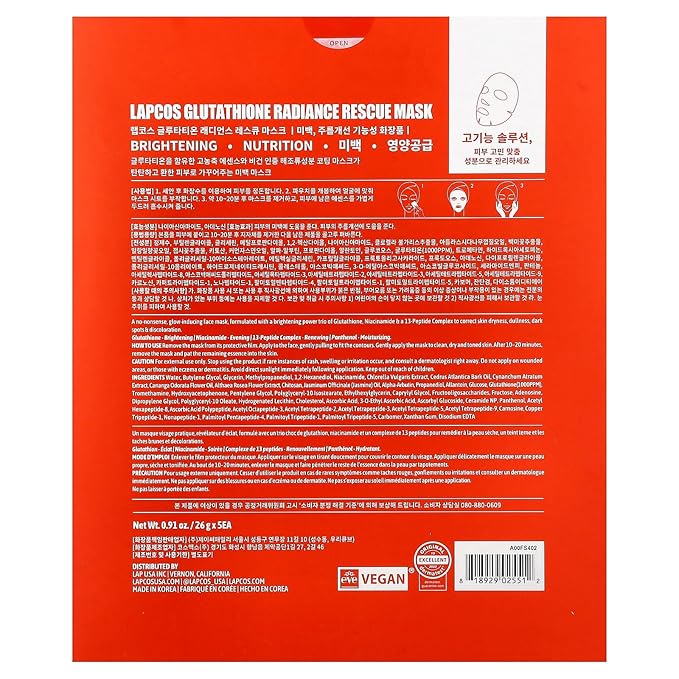 LAPCOS Glutathione Radiance Rescue Mask - Korean Skin Care Mask w/Glutathione, Niacinamide & Peptides - Hydrating Face Masks Spa Gifts for Women - Revitalizing & Firming Face Mask (5 Count, 0.91 oz)