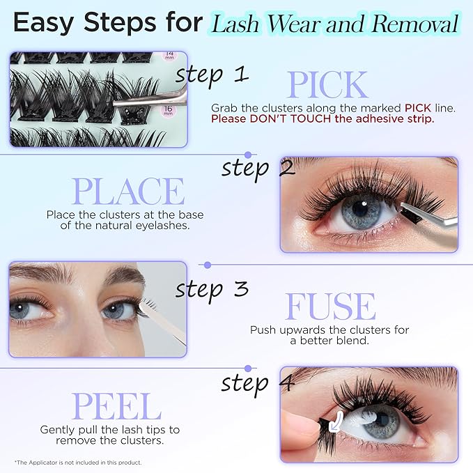 Self Adhesive Eyelashes, Winkgiggle Self Adhesive Lash Clusters, 60pcs No Glue Needed Reusable Pre-Glued Eyelashes No Remover No Residue for Beginners(N163)