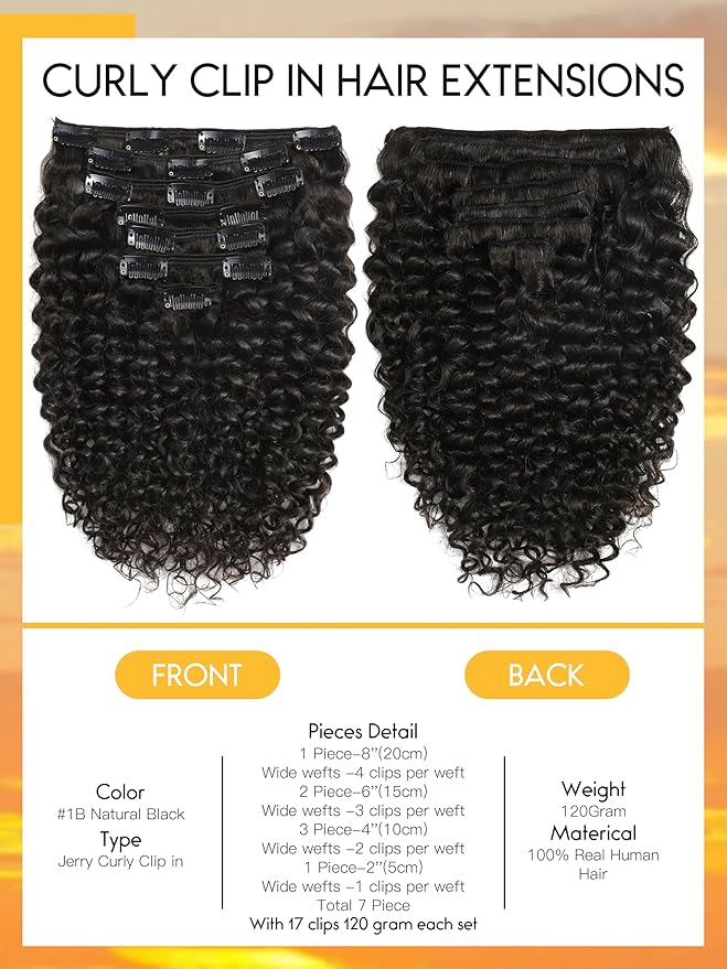 Caliee 3B 3C Jerry Curly Human Hair Clip in Extensions 12Inch Curly Clip in Hair Extensions Natural Black 1B Hair Extensions Clip Ins 120G 7Pcs with Clips