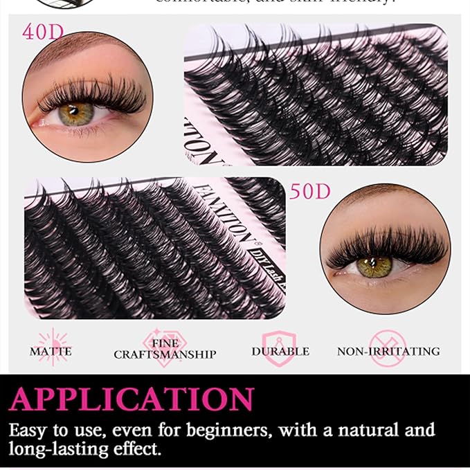 DIY Lash Extension Kit Cluster Lashes 280 pcs Lash Clusters with Lash Brush D Curl Volume Eyelashes Extensions 9-16 mm 40D+50D Individual Lashes Thin Band Eyelashes Cluster Kit for Beginners (No Glue)