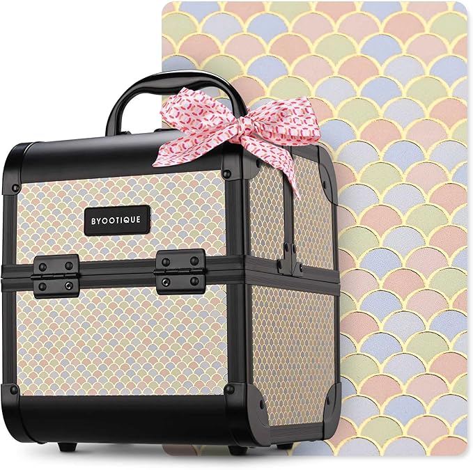 BYOOTIQUE Makeup Train Case with Mirror Cosmetic Box Organizer Art Deco Pastel