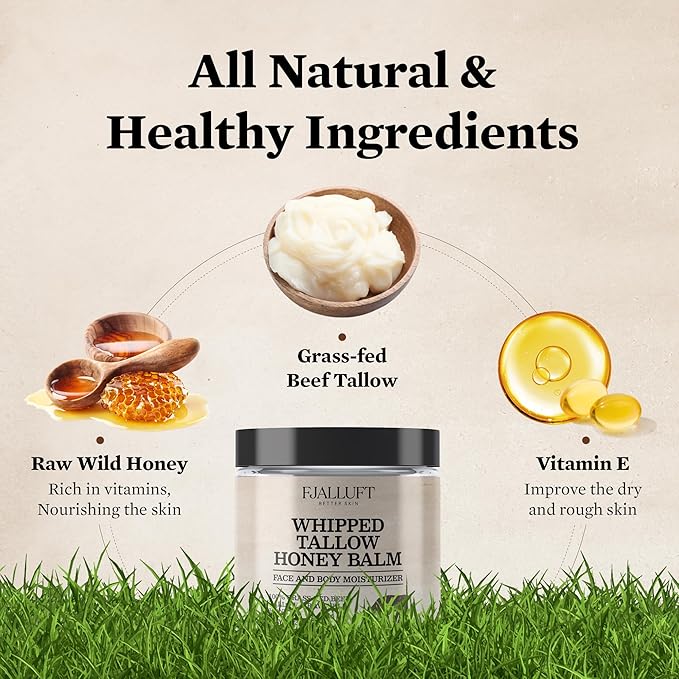 Tallow Face Moisturizer for Women: Beef Tallow Balm with Raw Honey and Olive Oil for Mature Skin – 100% Whipped and Grass Fed Cow Fat Facial Cream