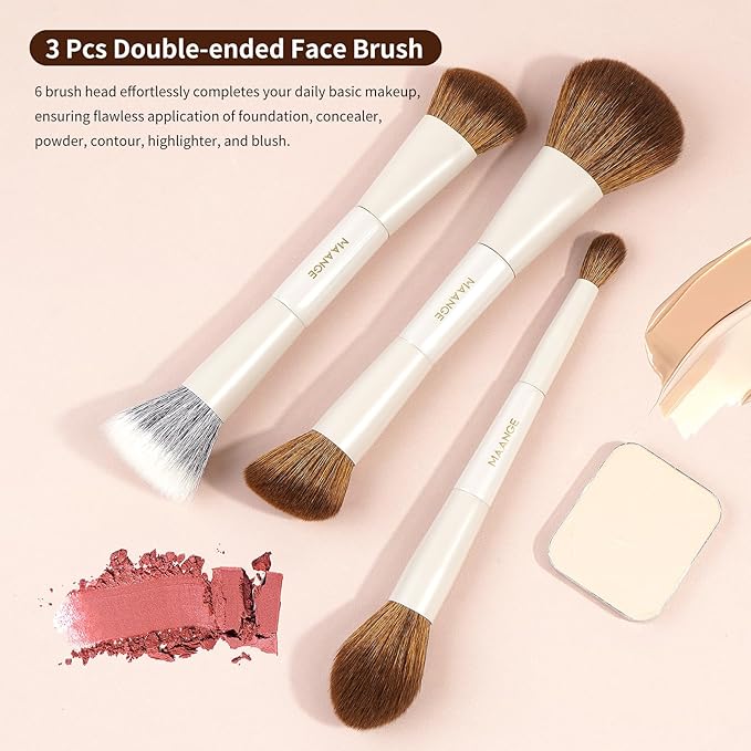 MAANGE Makeup Brush Set 14-In-7 Double Ended Essential Foundation Makeup Brushes for Powder Concealers Eye Shadows Blush Make Up Brushes with Travel Makeup Case