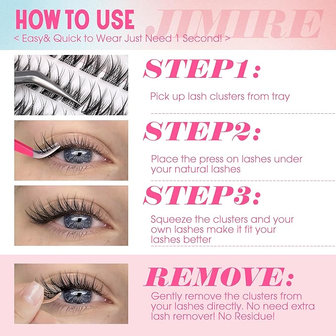 Self Adhesive Eyelashes Wispy Lash Clusters D-Curly Pre Glued Eyelashes Clusters 8-14MM Natural Press on Cluster Lashes Easy to Apply Self Adhesive Lash Clusters No Glue Needed by JIMIRE