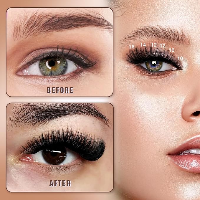 Lash Clusters Kit, DIY Cluster Eyelash Extensions 10‑20mm, 100D+200D, 156pcs Fluffy D Curl Natural Lashes with Bond & Seal,Tweezers–Fake Cat Eye Individual Clusters