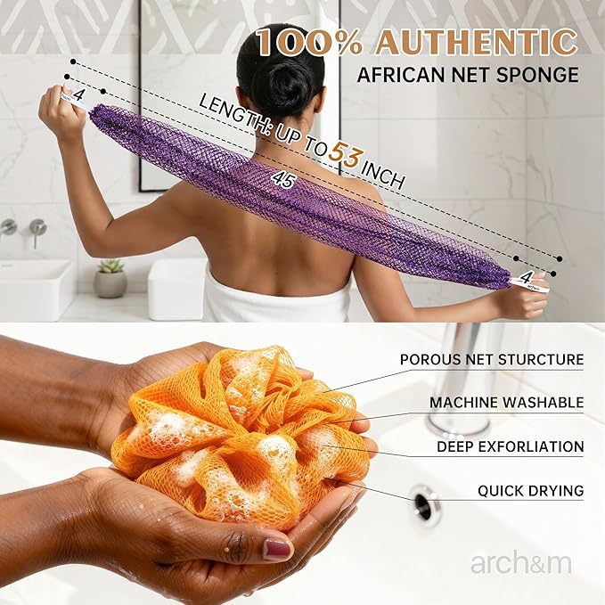 African Net Sponge Authentic Exfoliating - Exfoliating Body Scrub Bath Sponge Back Scrubber Washcloth for Shower Travel Toiletry Bag Real African Afroscrub Exfoliator Bathing Care Accessories Purple