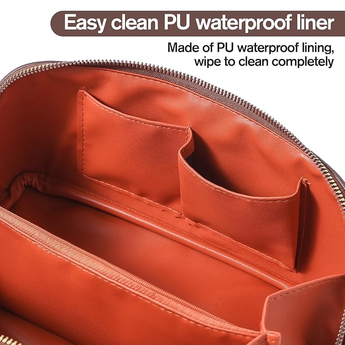 Makeup Bag, Travel Toiletry Bag for Women, Large Capacity Waterproof Plain Pattern PU Leather Cosmetic Bags Make Up Organizer Bags with Headband and Wristband Set (Black)