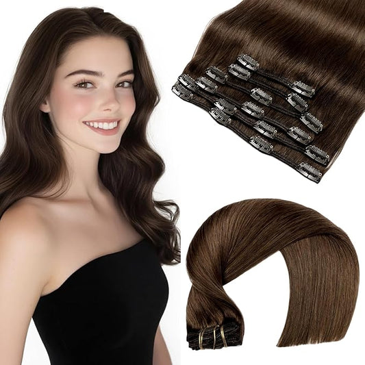 VINBAO Clip in Hair Extensions Real Human Hair 20Inch 6pcs 120G Silky Straight Color 4 Chocolate Brown Clip in Human Hair Extensions Full Head Double Drawn (#4,20'')