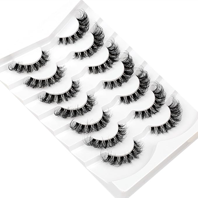 Pooplunch False Eyelash Cat Eye Wispy Lashes D-Curl Extension Volume Natural Wispies Short Clear-Band Fake Eyelashes Faux Mink Lashes Strips 7 Pairs Pack