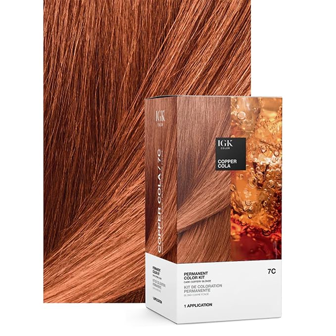 IGK Permanent Hair Color Kit | 7C Copper Cola - Dark Coppery Blonde | 100% Gray Color Coverage + Strengthen + Shine | Ammonia Free