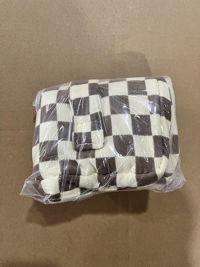 Prite Corduroy Makeup Bag Quilted Makeup Bag Large Floral Cosmetic Bag for Women Cute Travel Toiletry Bag with Handle(Light Checkerboard)