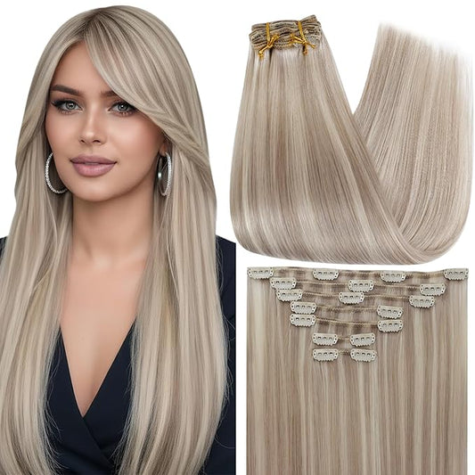 Full Shine Clip in Extensions Human Hair Blonde Clip in Hair Extensions Real Human Hair #18P613 Ash Blonde Highlighted Hair Extensions Remy Hair Brazilian Hair 7 Pcs 16 Inch 120 G