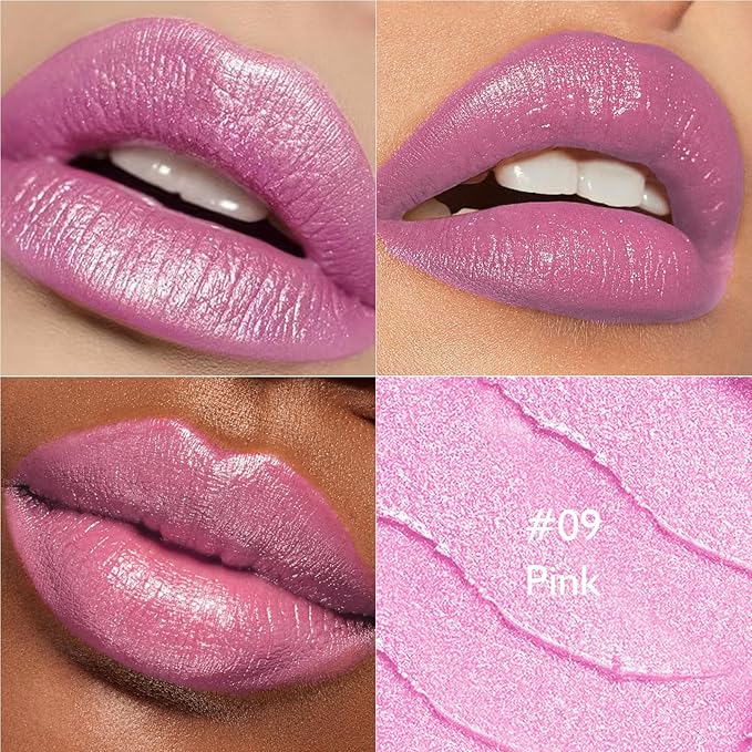 Pink Lipstick for Women with Metallic Shimmer Shine, Long Lasting Lip Stick Glitter Moisturizing Lightweight Full Coverage Lip Makeup, Non-Sticky Diamond Pearl Shiny Cream Lipstick Balm, 09