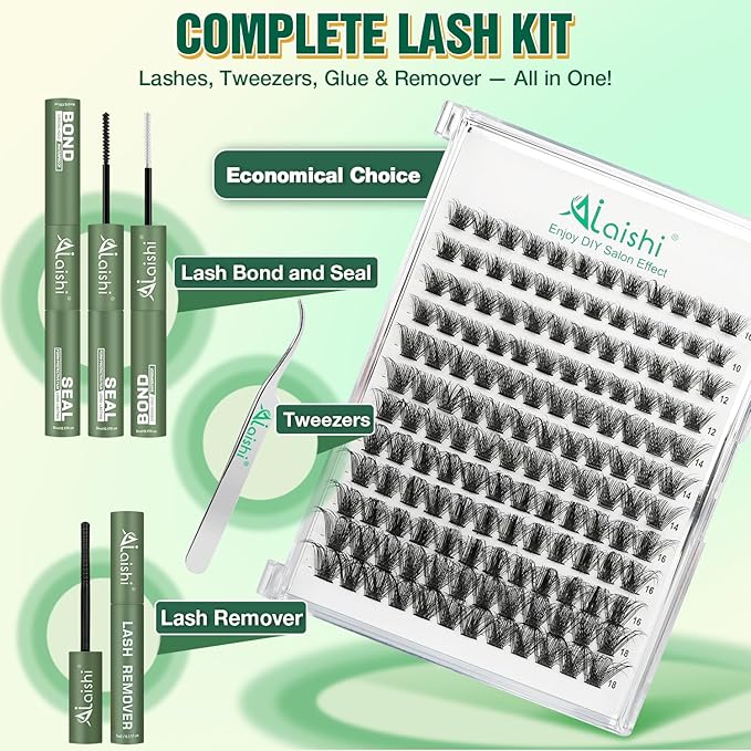 Lash Clusters Kit, DIY 3D Cluster Eyelash Extensions 10‑18mm,144pcs Fluffy D Curl Soft Natural Lashes with Bond and Seal,Remover,Tweezers, –Natural Fake Cat Eye Wispy Individual Clusters（DFW02MIX1-5）