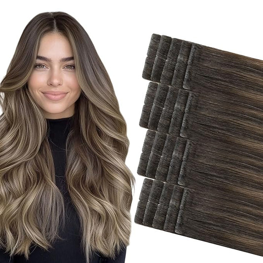 COOKAYU Invisible Tape in Hair Extensions, Balayage Dark Brown to Dirty Blonde 14Inch 20pcs 30g/pack Straight Real Human Hair Invisible Injected Tape in Extensions