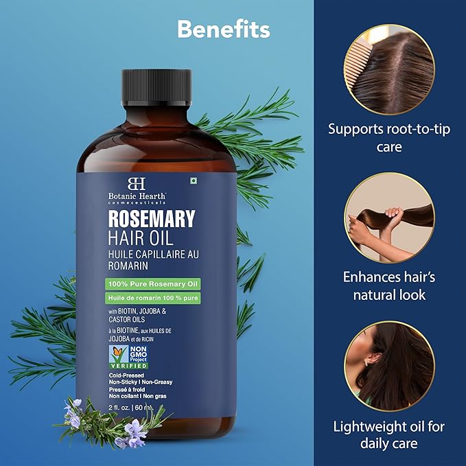 Botanic Hearth 100% Pure Rosemary Oil For Hair Growth | Infused with Biotin, Jojoba & Castor Oil | Hair Oil Repairs Dry Damaged Hair, Strengthening, Healthier - Hair Tonic, 2 fl oz
