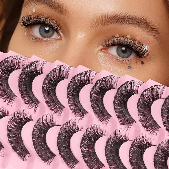 Ahrikiss Lashes Russian Strip Lashes That Look Like Extensions D Curl Wispy False Eyelashes 10 Pairs 3D Volume Fake Lashes Fluffy Faux Mink Lashes Natural Look (D16)