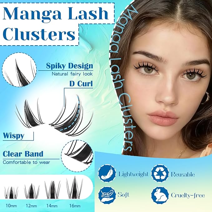 Lash Clusters Fairy Eyelash Clusters D Curl Manga Cluster Lashes 10-16mm Natural Spiky DIY Lash Extensions 120pcs Anime Cluster Eyelash Extensions at Home (Airy)