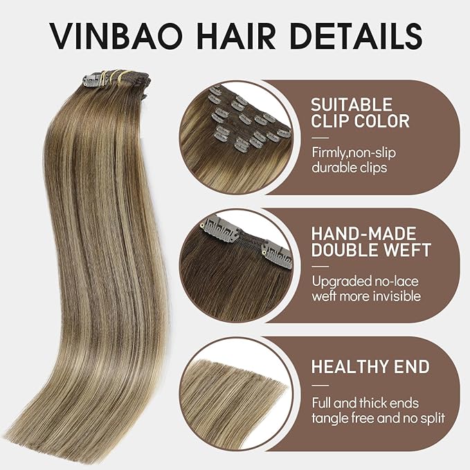 VINBAO Clip in Hair Extensions, Straight Hair Extensions Clip in Human Hair, 14inch 140g 7Pcs, 4/27/4 Balayage Chocolate Brown to Caramel Blonde, Clip ins for Women (#HC4274,14'')