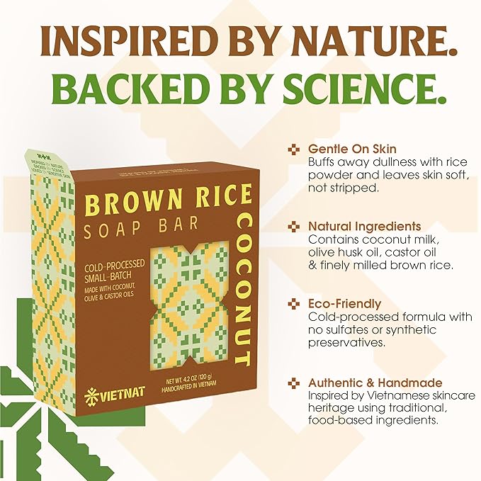 Brown Rice & Coconut Milk Soap Bar (Pack of 5) – 2-in-1 Exfoliating & Moisturizing Handmade Soap, Cold Process Bar with Brown Rice & Coconut Oil, Made in Vietnam
