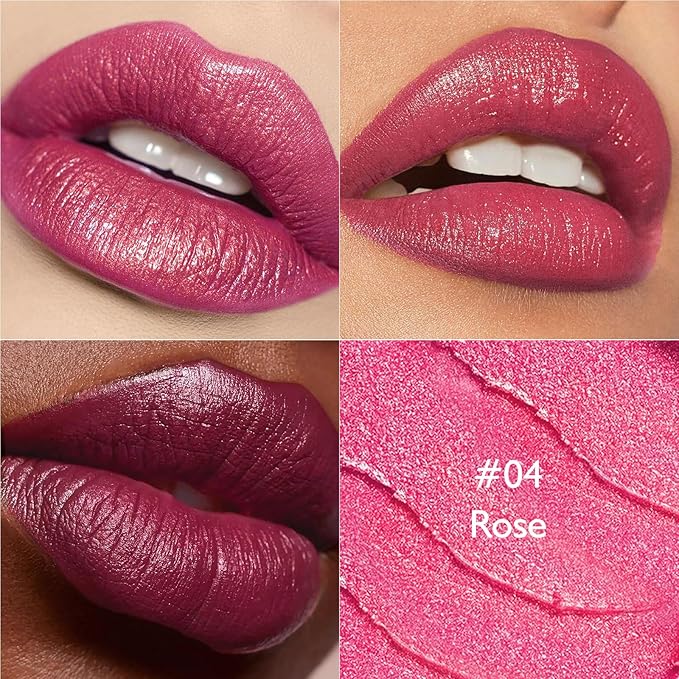Rose Shimmer Metallic Lipstick for Women, Glitter Lip Stick Long Lasting Waterproof Moisturizing Lightweight Full Coverage Lip Makeup, High Shine Non-Sticky Pearl Shiny Cream Lipstick Balm, 04