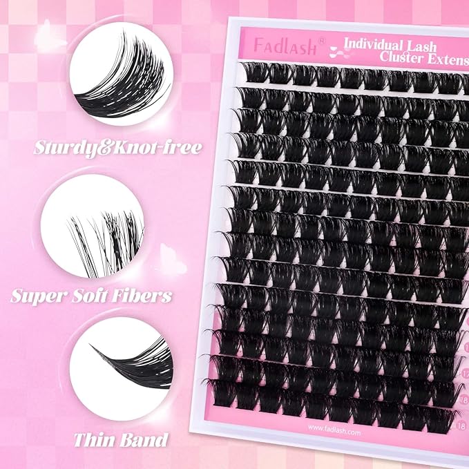 FADLASH Lash Extension DIY Kit Volume Fluffy Lash Clusters D Curl Cluster Lashes with Lash Bond and Seal Lash Tweezers for DIY Eyelash Extension at Home for Self Use（Kit 200D-0.07D-12-18MIX）