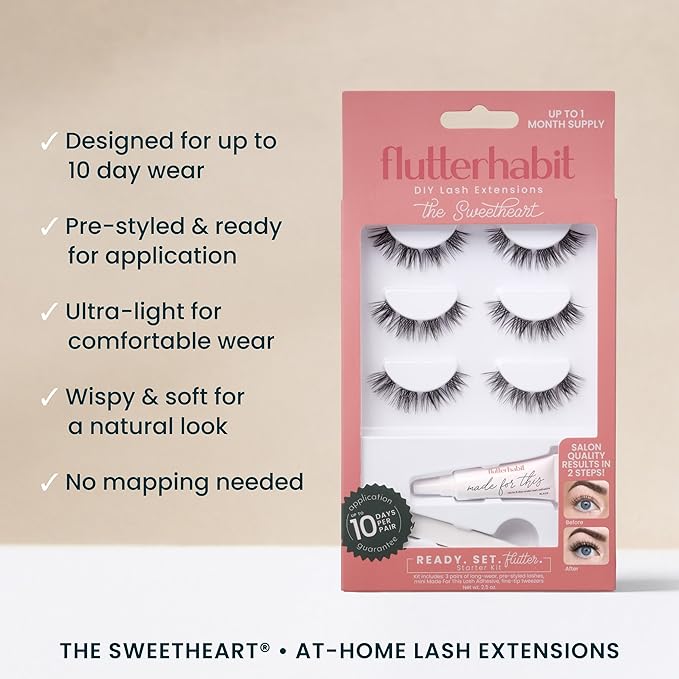 FlutterHabit Sweetheart Ready Set Starter Kit, DIY Eyelash Extensions, Lash Clusters for Women, Professional Quality At Home Eyelash Extension Kit, False Lashes, 3 Lash Sets, Lash Glue Included