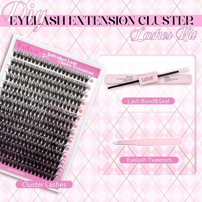 FADLASH DIY Lash Extension Kit Individual Lashes Cluster D Curl Eyelash Extension Kit with Lash Bond and Seal and Lash Applicator Tool for Self Application at Home (50D-0.07D-12-18MIX KIT)